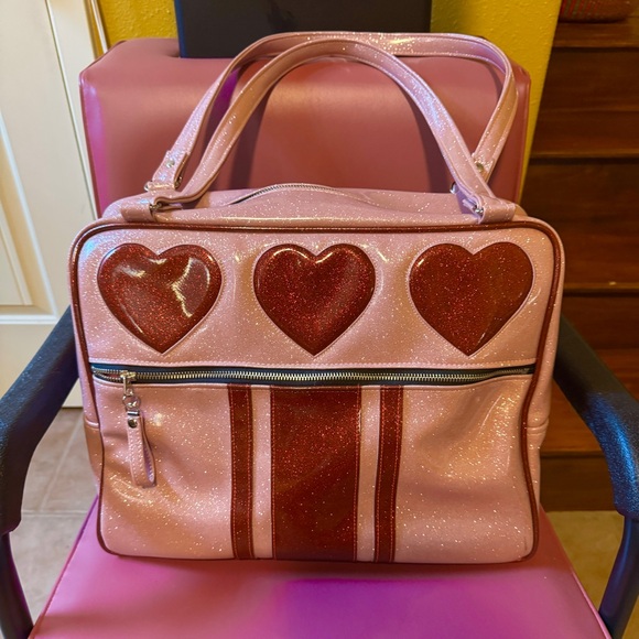 Trophy Queen Handbags - Trophy Queen Heart and Stripes Overnighter Pink Sparkly Tote with Red Hearts